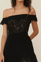 Load image into Gallery viewer, Black A Line Lace Off the Shoulder High-Low Cocktail Dress