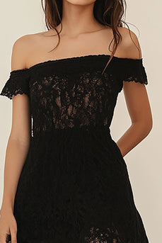 Black A Line Lace Off the Shoulder High-Low Cocktail Dress