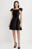 Load image into Gallery viewer, Black Spaghetti Straps Satin Short Graduation Dress with Bow