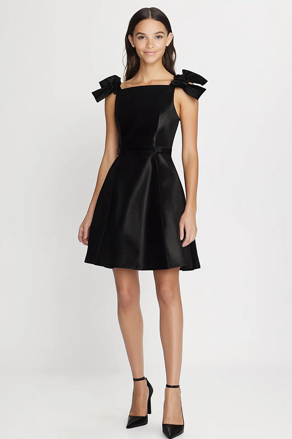 Black Spaghetti Straps Satin Short Graduation Dress with Bow