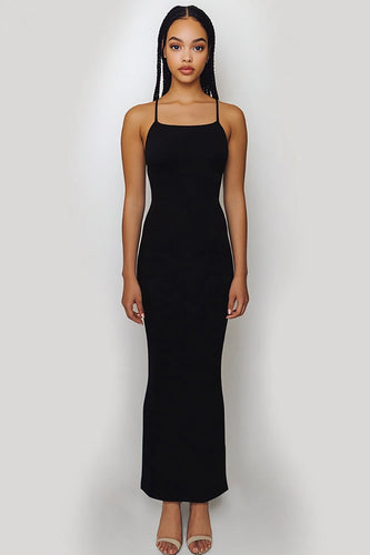 Black Satin Spaghetti Straps Sheath Maxi Formal Dress