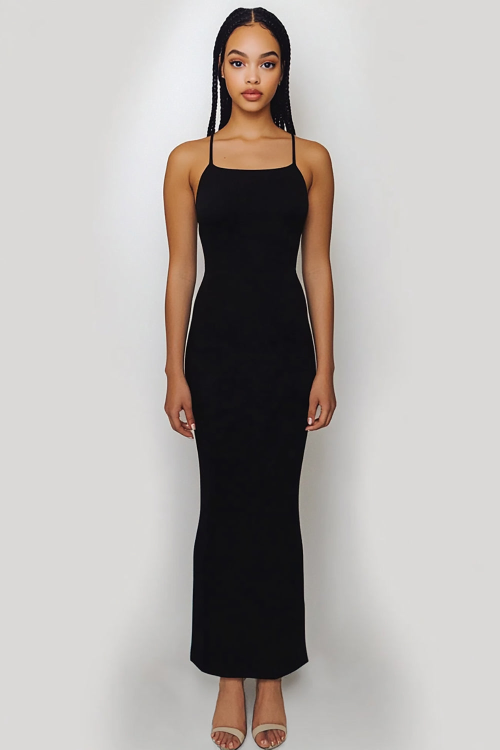 Black Satin Spaghetti Straps Sheath Maxi Formal Dress