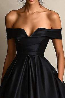Black A Line Satin Off the Shoulder Maxi Formal Dress with Slit