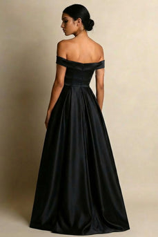 Black A Line Satin Off the Shoulder Maxi Formal Dress with Slit