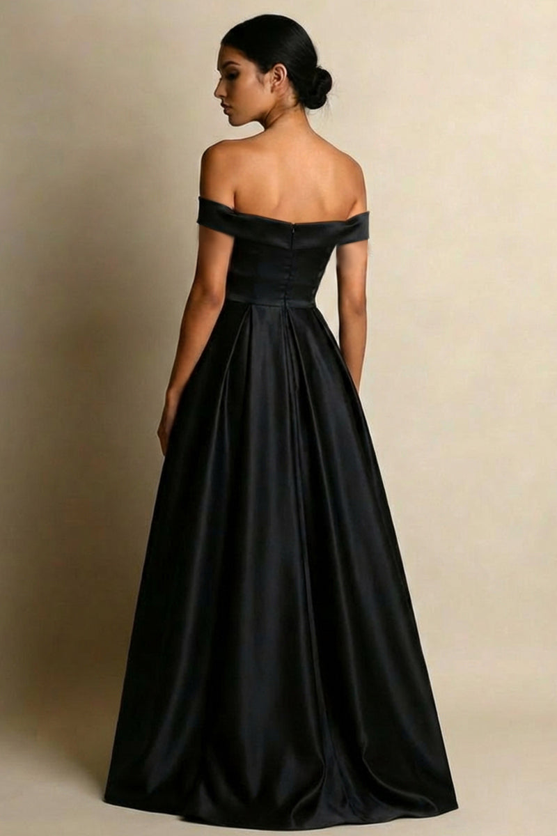 Load image into Gallery viewer, Black A Line Satin Off the Shoulder Maxi Formal Dress with Slit