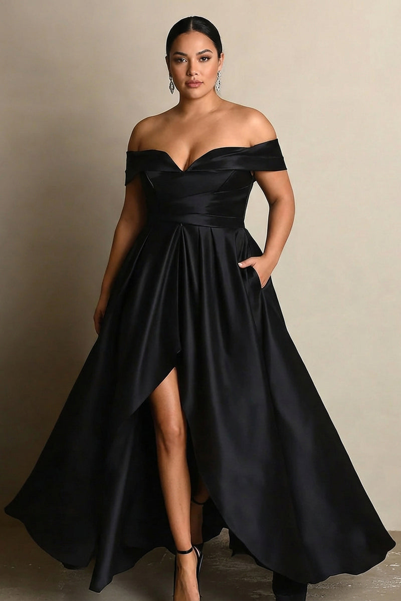 Load image into Gallery viewer, Black A Line Satin Off the Shoulder Maxi Formal Dress with Slit