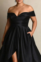 Load image into Gallery viewer, Black A Line Satin Off the Shoulder Maxi Formal Dress with Slit