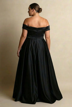 Plus Size Black A Line Satin Off the Shoulder Maxi Formal Dress with Slit