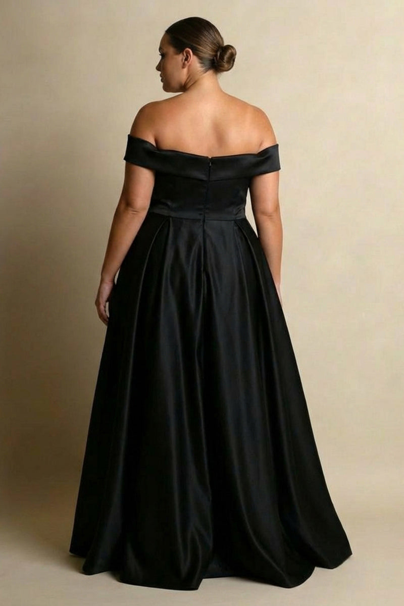 Load image into Gallery viewer, Black A Line Satin Off the Shoulder Maxi Formal Dress with Slit