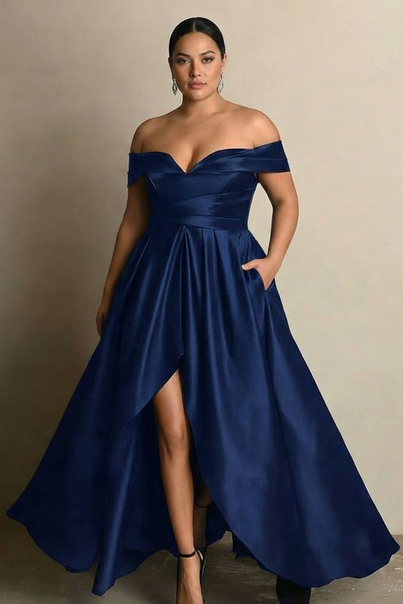 Load image into Gallery viewer, Black A Line Satin Off the Shoulder Maxi Formal Dress with Slit