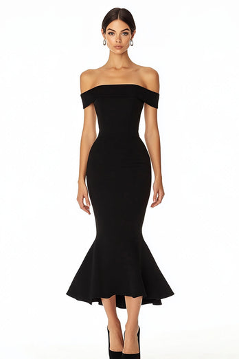 Black Off the Shoulder Satin Mermaid Maxi Formal Dress