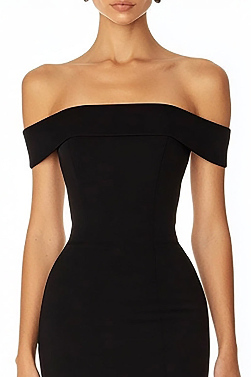 Load image into Gallery viewer, Black Off the Shoulder Satin Mermaid Maxi Formal Dress