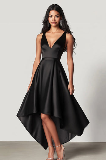 Black A Line V-Neck High-Low Maxi Formal Dress