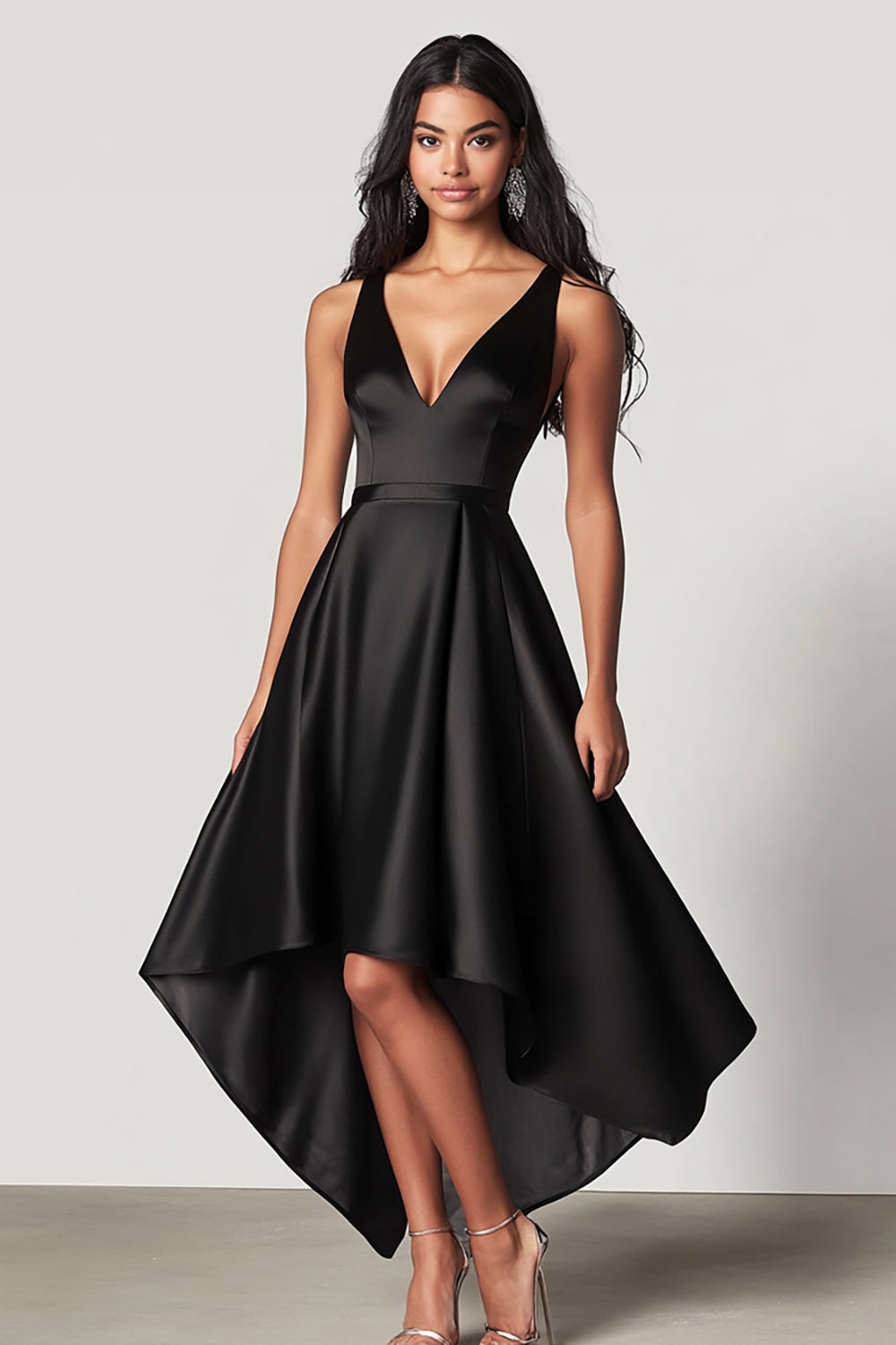 Black A Line V-Neck High-Low Maxi Formal Dress
