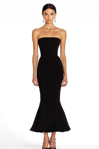 Black Strapless Satin Mermaid Maxi Formal Dress