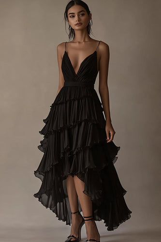 Black A Line Tiered Deep V-Neck Maxi Formal Dress