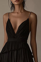 Load image into Gallery viewer, Black A Line Tiered Deep V-Neck Maxi Formal Dress