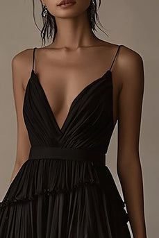 Black A Line Tiered Deep V-Neck Maxi Formal Dress