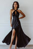 Load image into Gallery viewer, Black Satin Halter Keyhole Maxi Formal Dress with Slit