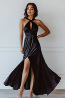 Load image into Gallery viewer, Black Satin Halter Keyhole Maxi Formal Dress with Slit