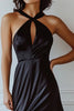 Load image into Gallery viewer, Black Satin Halter Keyhole Maxi Formal Dress with Slit