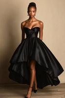Load image into Gallery viewer, Black Sweetheart Satin A Line High-Low Formal Dress