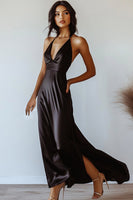 Load image into Gallery viewer, Black V-Neck Sheath Satin Maxi Formal Dress
