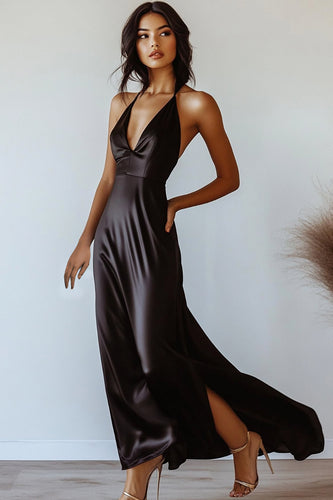 Black V-Neck Sheath Satin Maxi Formal Dress