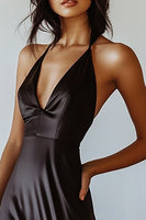 Load image into Gallery viewer, Black V-Neck Sheath Satin Maxi Formal Dress