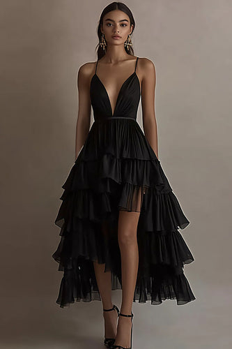 Black Tulle A Line V-Neck Tiered Formal Dress