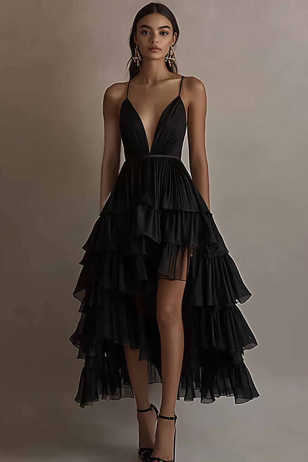 Black Tulle A Line V-Neck Tiered Formal Dress