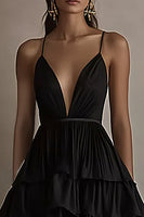 Load image into Gallery viewer, Black Tulle A Line V-Neck Tiered Formal Dress
