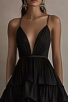 Black Tulle A Line V-Neck Tiered Formal Dress