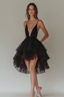 Load image into Gallery viewer, Black Tiered Tulle V-Neck A Line Short Graduation Dress