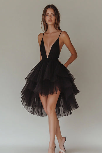 Black Tiered Tulle V-Neck A Line Short Graduation Dress