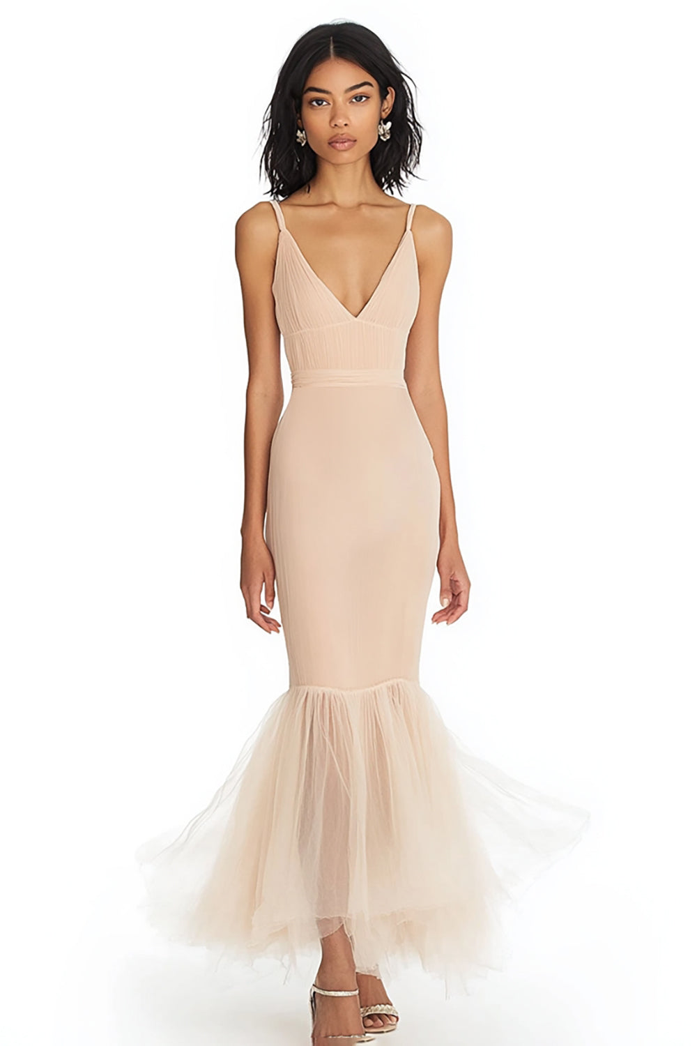 Champagne Mermaid V-Neck Maxi Formal Dress