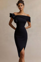 Load image into Gallery viewer, Queendancer UK Women Black Satin Midi Cocktail Dress Ruffled Off The Shoulder Bodycon Little Black Dress
