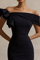 Load image into Gallery viewer, Black Satin Off The Shoulder Bodycon Midi Cocktail Dress