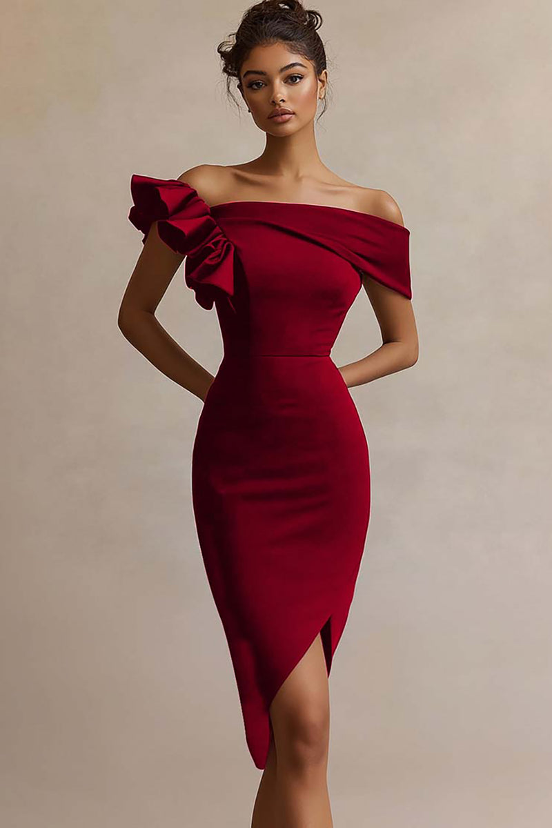 Load image into Gallery viewer, Black Satin Off The Shoulder Bodycon Midi Cocktail Dress