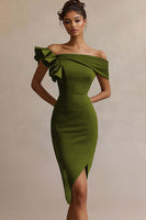 Load image into Gallery viewer, Black Satin Off The Shoulder Bodycon Midi Cocktail Dress