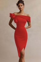 Load image into Gallery viewer, Black Satin Off The Shoulder Bodycon Midi Cocktail Dress