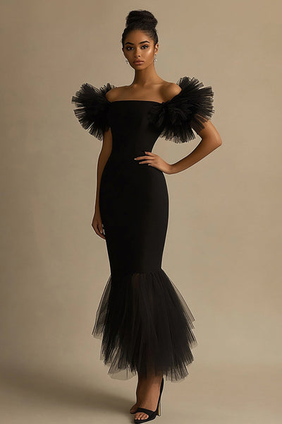 Black Satin Off The Shoulder Mermaid Ruffled Maxi Formal Dress