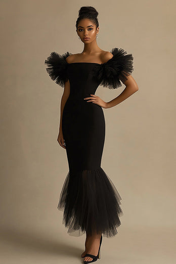 Black Satin Off The Shoulder Mermaid Ruffled Maxi Formal Dress