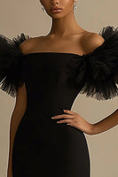 Load image into Gallery viewer, Black Satin Off The Shoulder Mermaid Ruffled Maxi Formal Dress