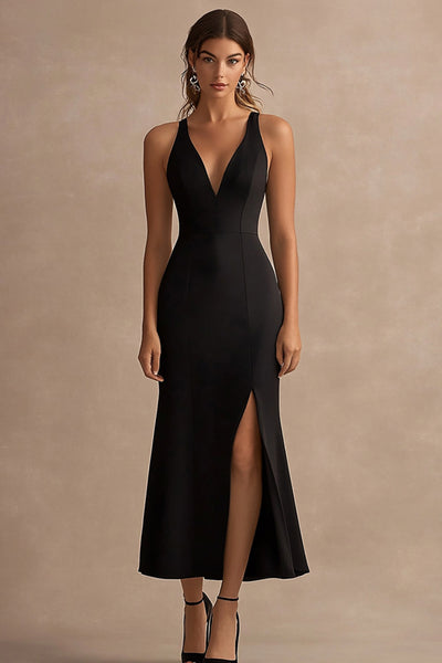 Black Satin V Neck Sheath Maxi Formal Dress with Slit