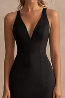 Load image into Gallery viewer, Black Satin V Neck Sheath Maxi Formal Dress with Slit