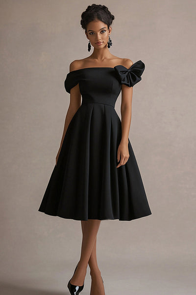 Black Satin Off The Shoulder A Line Midi Formal Dress with Bow