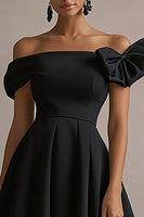 Load image into Gallery viewer, Black Satin Off The Shoulder A Line Midi Formal Dress with Bow
