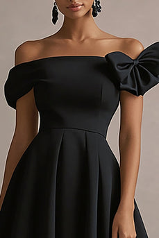 Black Satin Off The Shoulder A Line Midi Formal Dress with Bow