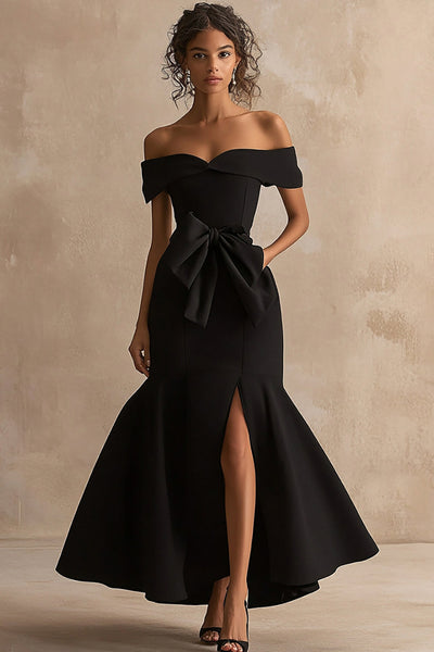 Black Satin Off The Shoulder Mermaid Maxi Formal Dress with Slit